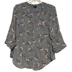Women’s Torrid Harper 3/4 Sleeve V-Neck Floral Blouse in Blue Brown Sz 1